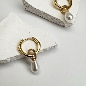 Ivo Pearl Drop Hoop Earrings, Pearl Hoops image 1