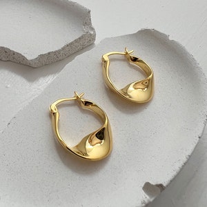 Pax Sterling Silver Gold Irregular Twist Hoop Earrings, Gold Hoop Earrings, Sterling Silver Twist Hoops, Silver Hoop Earrings