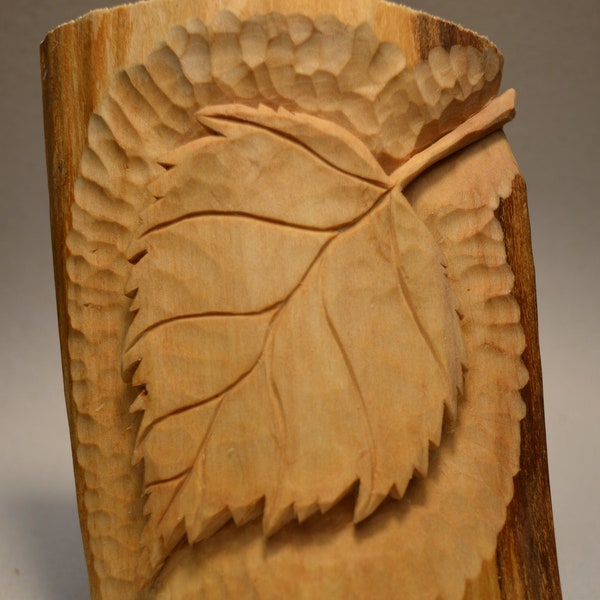 Sculpture Bois, Feuille Bouleau, Birch Leaf, Original wood carving, Oeuvre Art Originale, Mythologie, nature