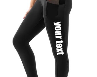 Custom High Waisted Leggings with Pockets, Your Text Spandex Workout Pants