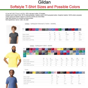 May include: A product catalog from Gildan displays Softstyle T-shirt sizes and color options. The image includes size charts for women's, men's, and youth t-shirts, with measurements in inches. The shirts are made of cotton and polyester.