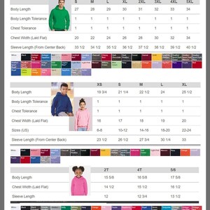 May include: A size chart for various apparel items, including hoodies and baby onesies. The chart displays measurements such as body length, chest width, and sleeve length, along with size options from XS to 5XL.