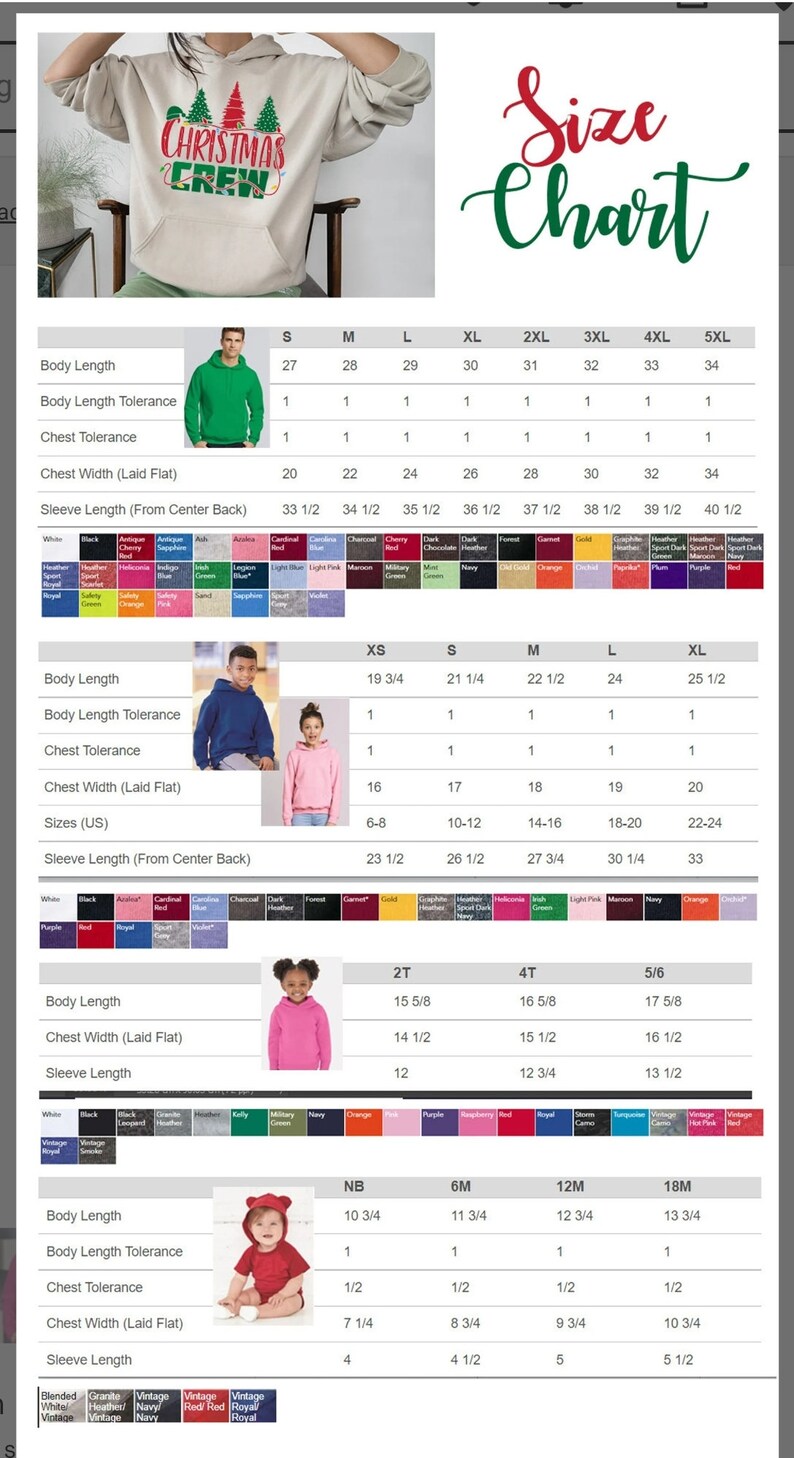 May include: A size chart for various apparel items, including hoodies and baby onesies. The chart displays measurements such as body length, chest width, and sleeve length, along with size options from XS to 5XL.