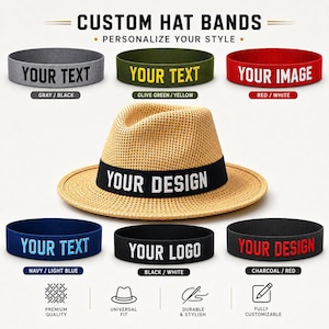 Könnte beinhalten: Ein beigefarbener Stroh-Fedora mit einem schwarzen Band, das den Text YOUR DESIGN trägt. Um den Hut herum befinden sich sechs elastische Hutbänder in Grau, Olivgrün, Rot, Marineblau, Schwarz und Anthrazit mit individuellem Text oder Logos.