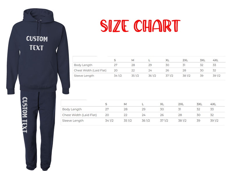 Pode incluir: Conjunto de moletom com capuz e cal&ccedil;as de treino azul marinho com o texto "CUSTOM TEXT" em branco. A imagem inclui uma tabela de tamanhos com medidas em cm para o comprimento do corpo, largura do peito e comprimento da manga.