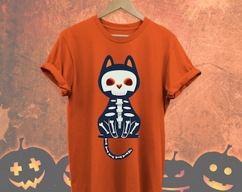 Camisas de gato de Halloween, camiseta divertida de gato de Halloween, camisa de esqueleto de gato, regalo de Halloween