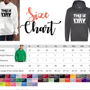 Puede incluir: Sudaderas con capucha blancas y gris carb&oacute;n con el texto "THIS IS THE WAY" en negrita. La imagen incluye una tabla de tallas con medidas y opciones de color, incluyendo blanco, negro y varios tonos de rojo, azul y verde.