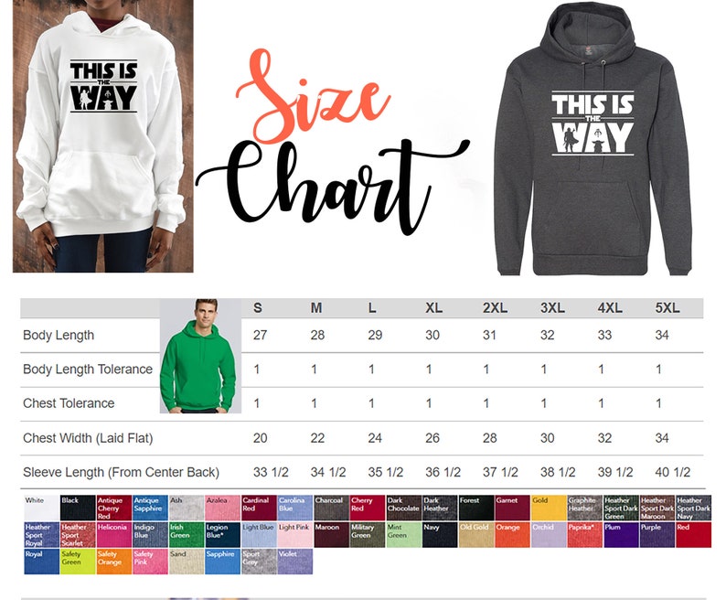 Puede incluir: Sudaderas con capucha blancas y gris carb&oacute;n con el texto "THIS IS THE WAY" en negrita. La imagen incluye una tabla de tallas con medidas y opciones de color, incluyendo blanco, negro y varios tonos de rojo, azul y verde.