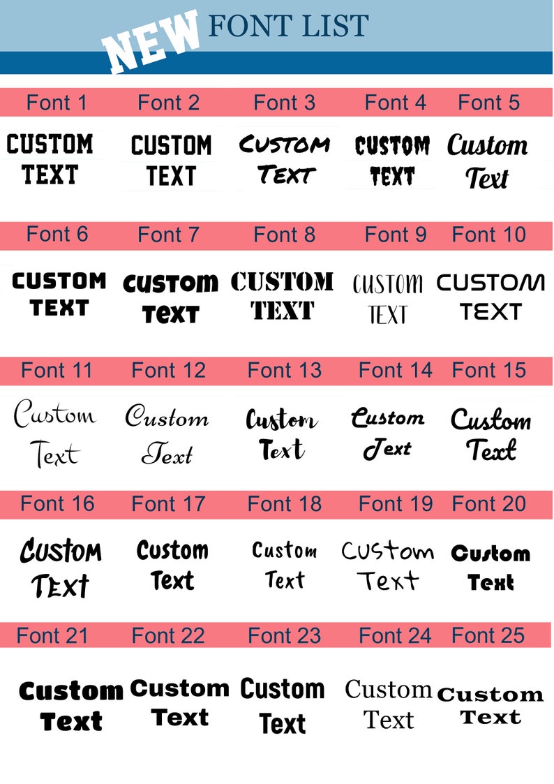 Peut inclure: Une liste de polices de caract&egrave;res avec 25 styles diff&eacute;rents, chacun affichant les mots "CUSTOM TEXT". Les polices varient en style, du gras &agrave; l'&eacute;criture manuscrite, et sont dispos&eacute;es dans une grille avec des &eacute;tiquettes num&eacute;rot&eacute;es.