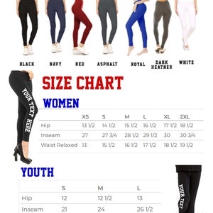 May include: Image of leggings in various colours: black, navy, red, asphalt, royal blue, dark heather grey, and white. Size charts for women and youth are included, with measurements in inches for hip, inseam, and waist.