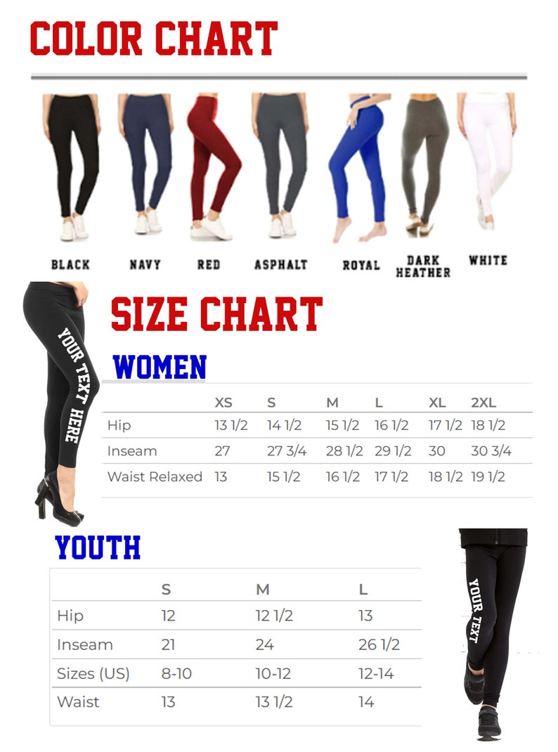 May include: Image of leggings in various colours: black, navy, red, asphalt, royal blue, dark heather grey, and white. Size charts for women and youth are included, with measurements in inches for hip, inseam, and waist.