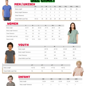 May include: A size chart for Bella Canvas apparel, featuring measurements for Men/Unisex, Women, Youth, and Infant sizes. The chart includes body length, chest width, and sleeve length measurements in inches.