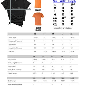 Puede incluir: Una tabla de tallas para camisetas unisex, con medidas en pulgadas. La tabla incluye tallas de la S a la 4XL, y tambi&eacute;n enumera medidas para tallas de beb&eacute; y ni&ntilde;o peque&ntilde;o. La tabla tambi&eacute;n muestra los colores naranja y naranja quemado.