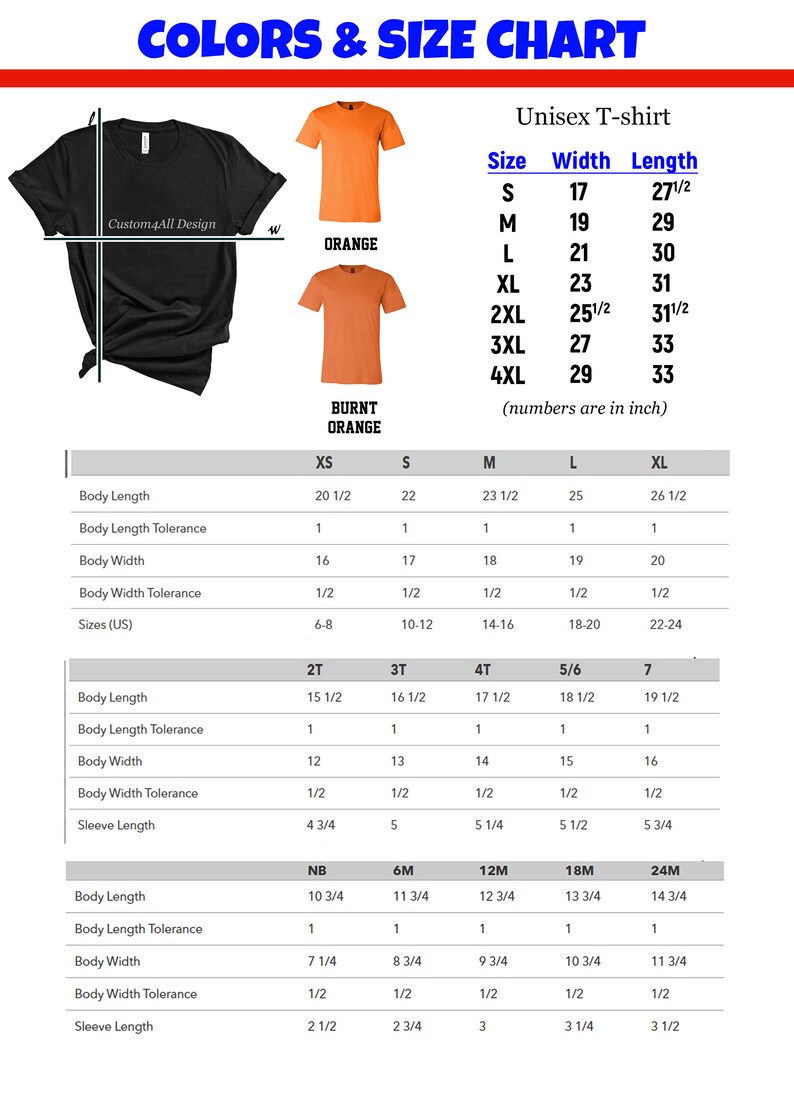 Puede incluir: Una tabla de tallas para camisetas unisex, con medidas en pulgadas. La tabla incluye tallas de la S a la 4XL, y tambi&eacute;n enumera medidas para tallas de beb&eacute; y ni&ntilde;o peque&ntilde;o. La tabla tambi&eacute;n muestra los colores naranja y naranja quemado.