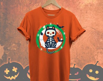 Camisas de gato de Halloween, camiseta divertida de gato de Halloween, camisa de esqueleto de gato, regalo de Halloween