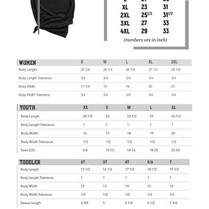 May include: Black t-shirt with a size chart in white text. The chart includes measurements for unisex t-shirts, women's, youth, toddler, and bodysuit sizes. Measurements are in inches.