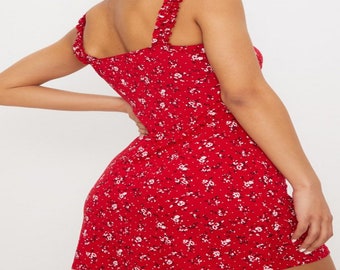 red ditsy floral print frill detail shift dress