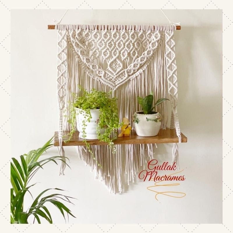 Macrame Wall Hanging Shelf Wood Floating Planter Storage Hanger