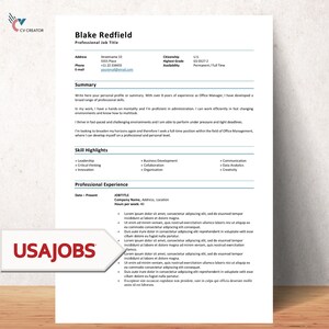 US Federal Resume Template and Cover Letter Template for Microsoft Word CV Template Government Resume USAJOBS image 1