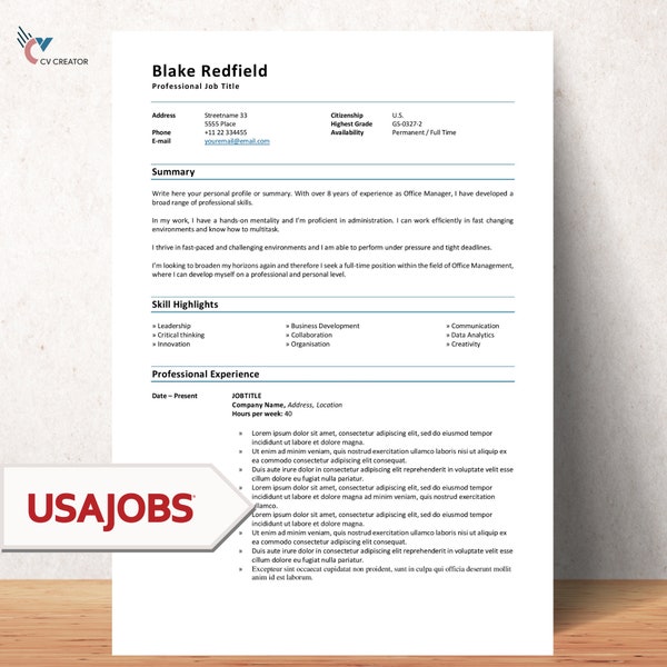 US Federal Resume Template and Cover Letter Template for Microsoft Word | CV Template | Government Resume | USAJOBS