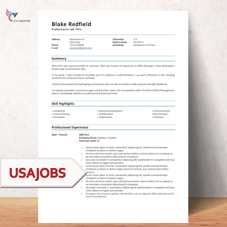 US Federal Resume Template and Cover Letter Template for Microsoft Word CV Template Government Resume USAJOBS image 1