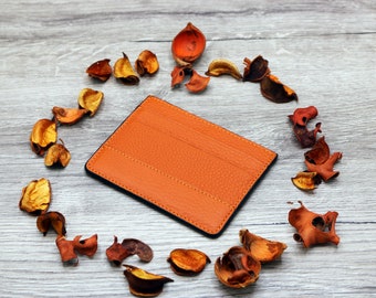 Personalized Pumpkin Leather Slim Card Holder, Men Leather Wallet, Women Leather Wallet, Leather Card Case , Personalized Gift