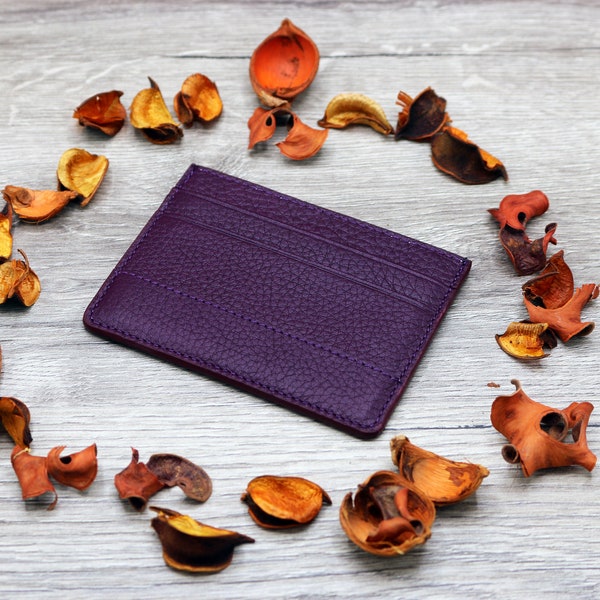 Porte-cartes mince en cuir violet personnalisé, portefeuille en cuir pour hommes, portefeuille en cuir pour femmes, porte-cartes en cuir, cadeau personnalisé