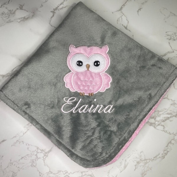 Personalize Owl Baby Lovey Blanket, Custom Name Baby Blanket, Minky Baby Blanket, Baby Shower Gift, Birthday Gift, Newborn Gift
