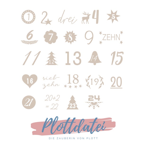 Plottdatei "Adventskalender Zahlen", SVG Adventskalender Bügelbilder, Zahlen 1-24, Bügelbild Adventskalender Zahlen