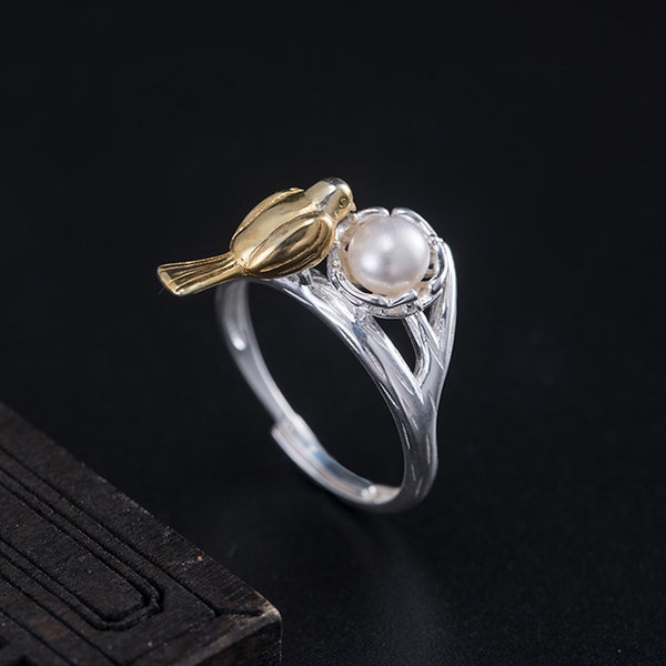 Love Bird & Nest Natural Freshwater Pearl Stackable Ring, Free Size Ring, 925 Silver 14K Plated Gold, Designer Handmade, Natural Gemstone