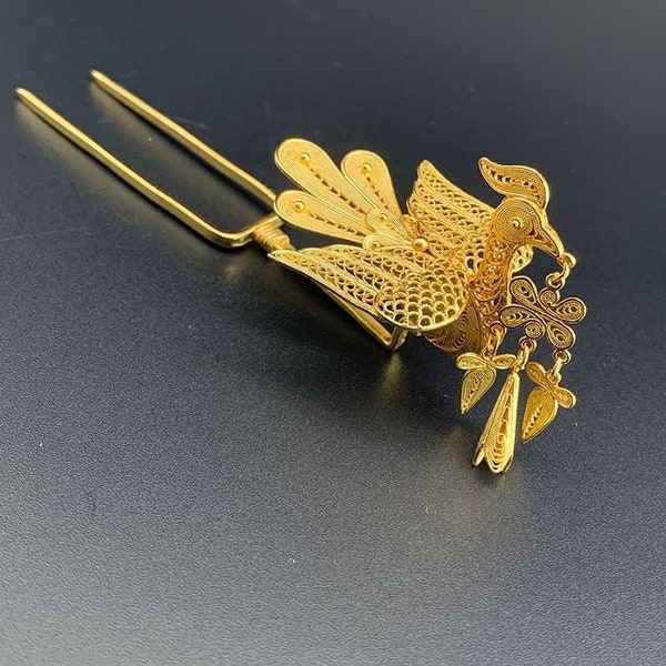 3D GOLD PHOENIX Dangle Tassel - 990 Fine Silver 18K Plated Gold Hair Stick, FINE Retro Vintage Hairpin Kanzashi, Ornament, Chopstick