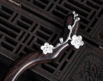BLACK WOOD Sandalwood Lovely 925 Sterling Silver, Floral Cherry Blossom Hair Stick Hairpin, Japanese, hairpin kanzashi, ornament, chopstick