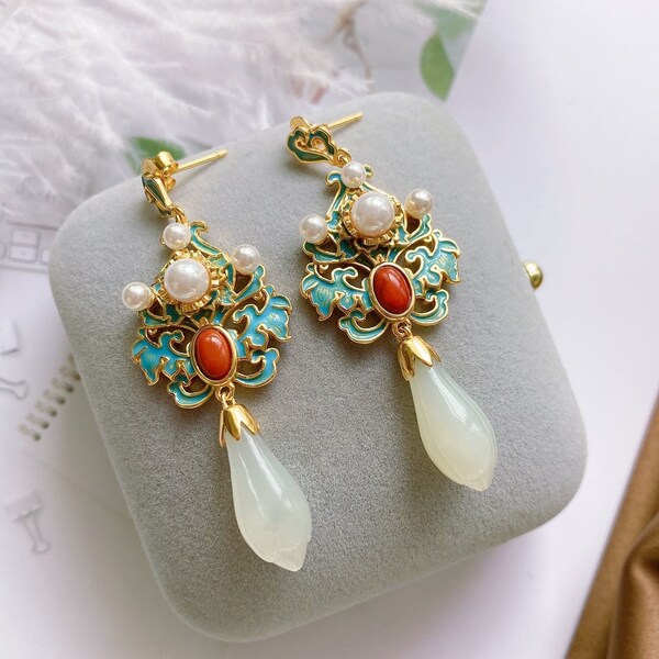 Cloisonne Hetian Jade Dangle Drops Earrings, Nephrite Jade, 925 Silver 14k plated gold, floral Red Agate Natural freshwater Pearl