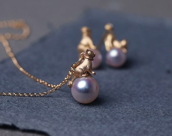 CUTE Cat Freshwater Pearl Akoya Pendant Necklace, 925 Silver 18K Plated Gold, Designer Gift Natural Gemstone Handmade Unique, Paws Lover Dog