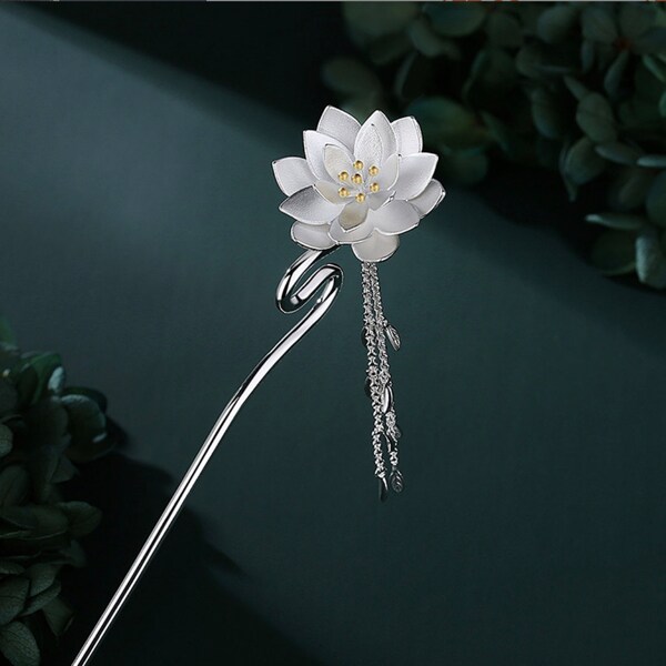 Lotus With/Without Dangle Tassel - 925 Sterling Silver 18K Plated Gold Hair Stick, FINE Retro Vintage Hairpin Kanzashi, Ornament, Chopstick