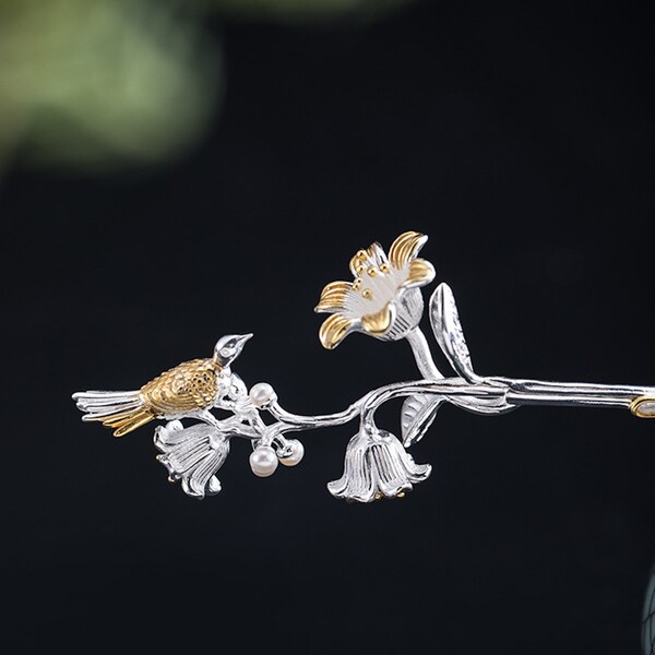 Love Bird & Wind Bell Flower 925 Silver Pearl Hair Stick, 14K Plated Gold, Chinese Japanese Traditional, hairpin ornament, chopstick