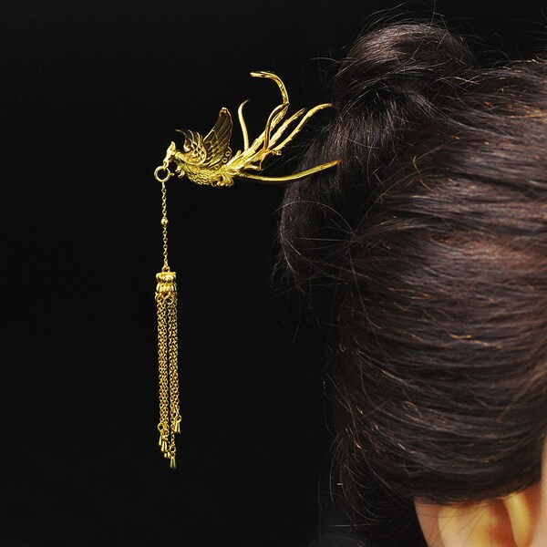 GOLD PHOENIX Dangle Tassel - 925 Sterling Silver 18K Plated Gold Hair Stick, FINE Retro Vintage Hairpin Kanzashi, Ornament, Chopstick