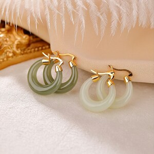 Hoop Minimalist Style Hetian Jade Dangle Earrings, 925 Silver, 18K Plated Gold, Nephrite Jade Jadeite, Birthday Gift Natural Gemstone