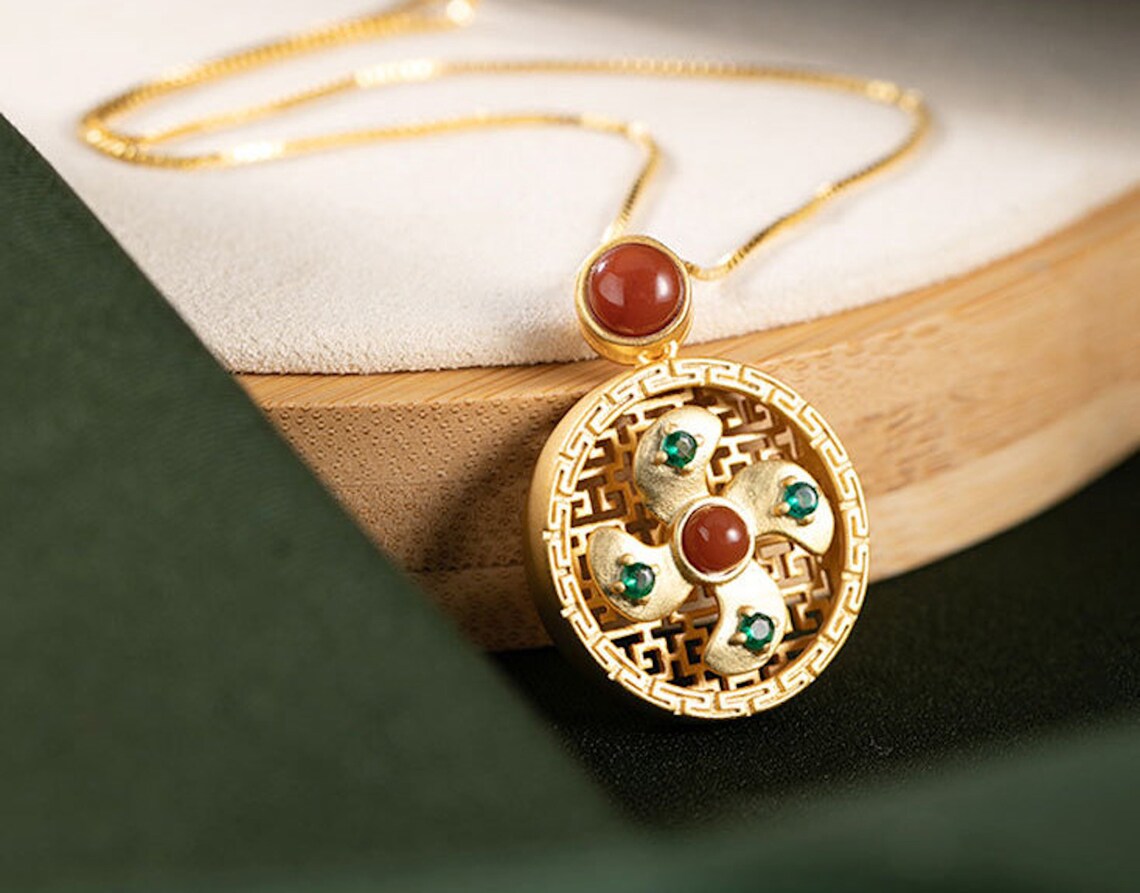 Good Luck Fortune Fan Pendant Necklace Red Agate 925 Silver Etsy