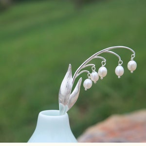 Lily of the Valley - 925 Sterling Silver & Pearl Floral Hair Stick - Floral, Japanese Hairpin Kanzashi, Ornament, Boho Chopstick