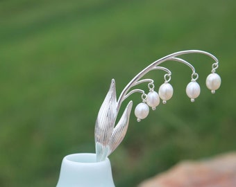 Lily of the Valley - 925 Sterling Silver & Pearl Floral Hair Stick - Floral, Japanese Hairpin Kanzashi, Ornament, Boho Chopstick