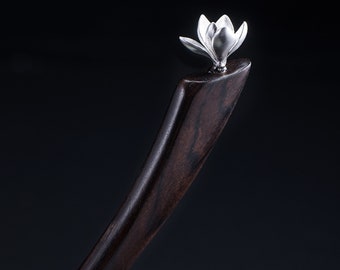 3D Magnolia BLACK WOOD 925 Sterling Silver, WABI Sabi Floral Hair Stick Hairpin, Japanese, hairpin kanzashi, ornament, chopstick wabisabi