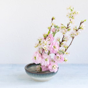 Wazakura Minoyaki Ikebana Vase - Runder Blau und Braun glasierter Blumenhalter aus Japan