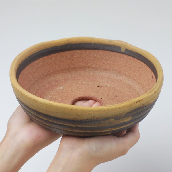 Wazakura Shigaraki Series Yellow Dust Stripe Glazed Ceramic Bonsai Pot Made in Japan, Succulent Bowl (Yellow Sand Big Size)