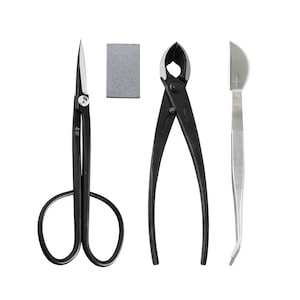 Wazakura 4PCS Japanese Bonsai Essential Kit [ Yasugi Steel Twig Scissors + Concave Cutter + Tweezers + Sap Eraser ]