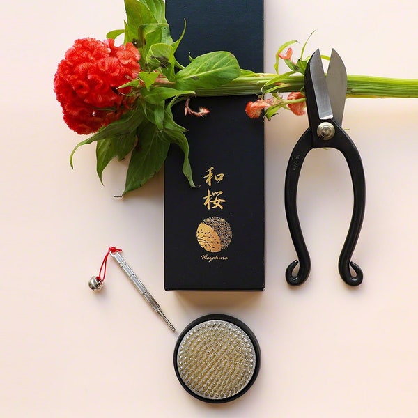 3PCS Japanese Ikebana Essential Tool Set [ Ikenobo Scissors + Round Brass Kenzan + Needle Care Tool]