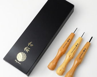 Wazakura 3PCS Small Size Japanese Chisel Kit with Round Gouge, Single Bevel Skewed & V-Parting Tool for Bonsai Jin Shari Making, Woodworking