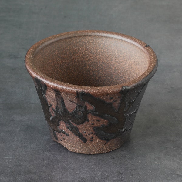 Wazakura Small Round Bonsai Pot in Banko Style with Drainage Hole 4.3 in (110mm) Made in Japan Flower Planter, Succulent and Cactus Bowl