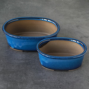 Conjunto de vasos para bonsai Wazakura Japan Banko Series, 2 vasos ovais de cerâmica, azul Namako, fabricado no Japão