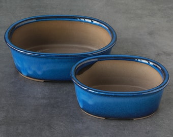 Wazakura Banko Series 2PCS Oval Bonsai Pots Set, Namako Blue